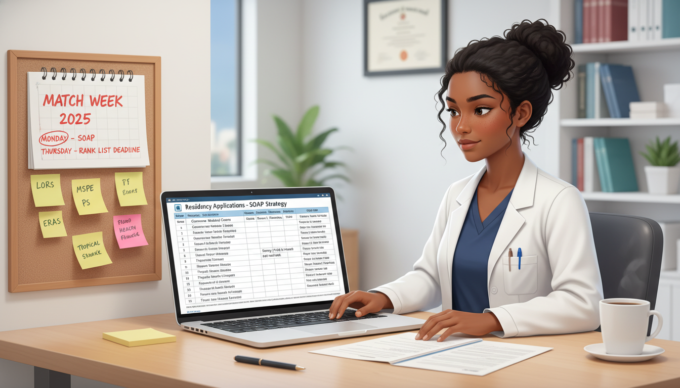 Caribbean IMG creating a SOAP preparation list of residency programs on laptop - Caribbean medical school residency for SOAP