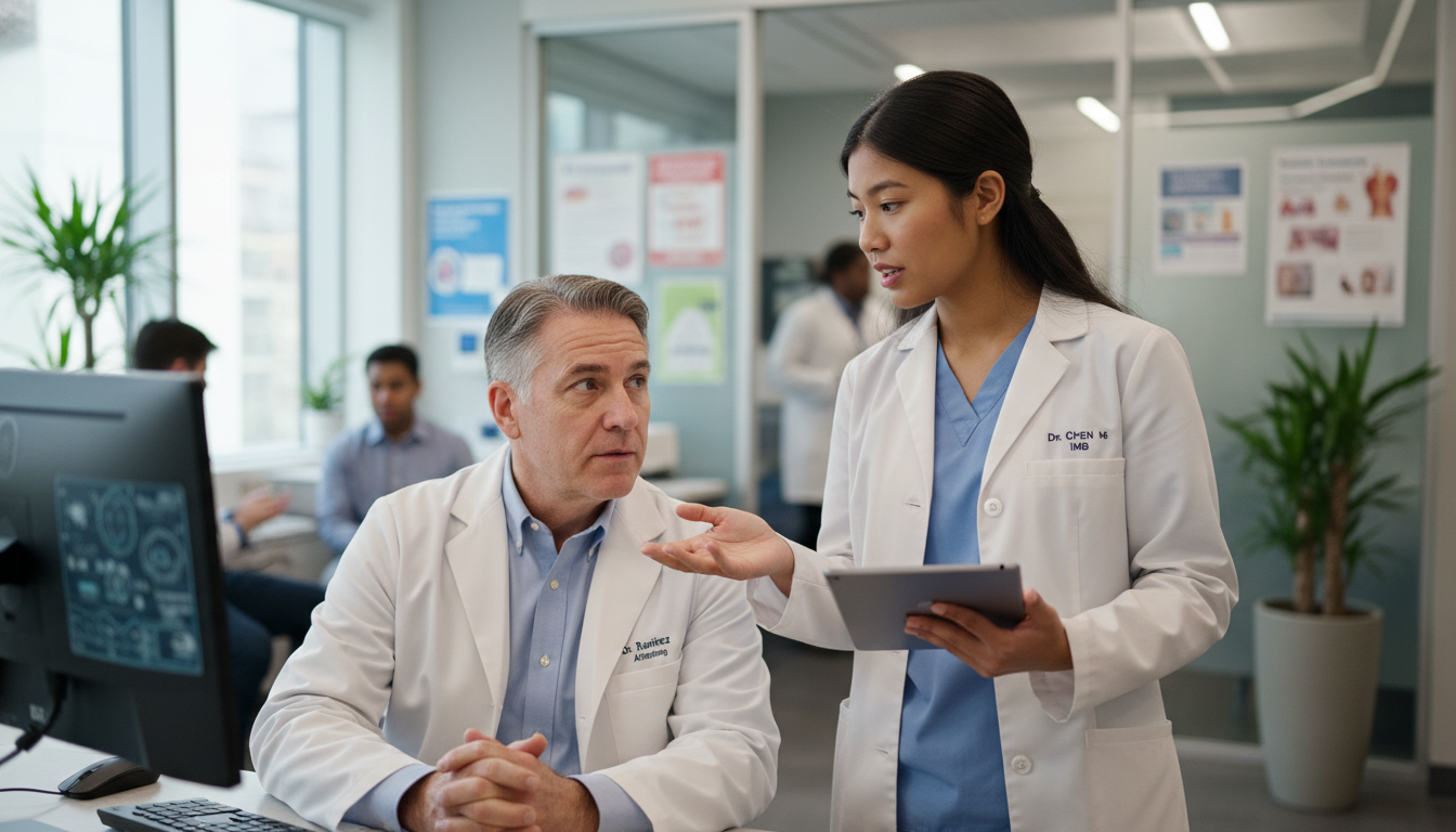 International medical graduate and attending reviewing patient case on a computer - Caribbean medical school residency for US