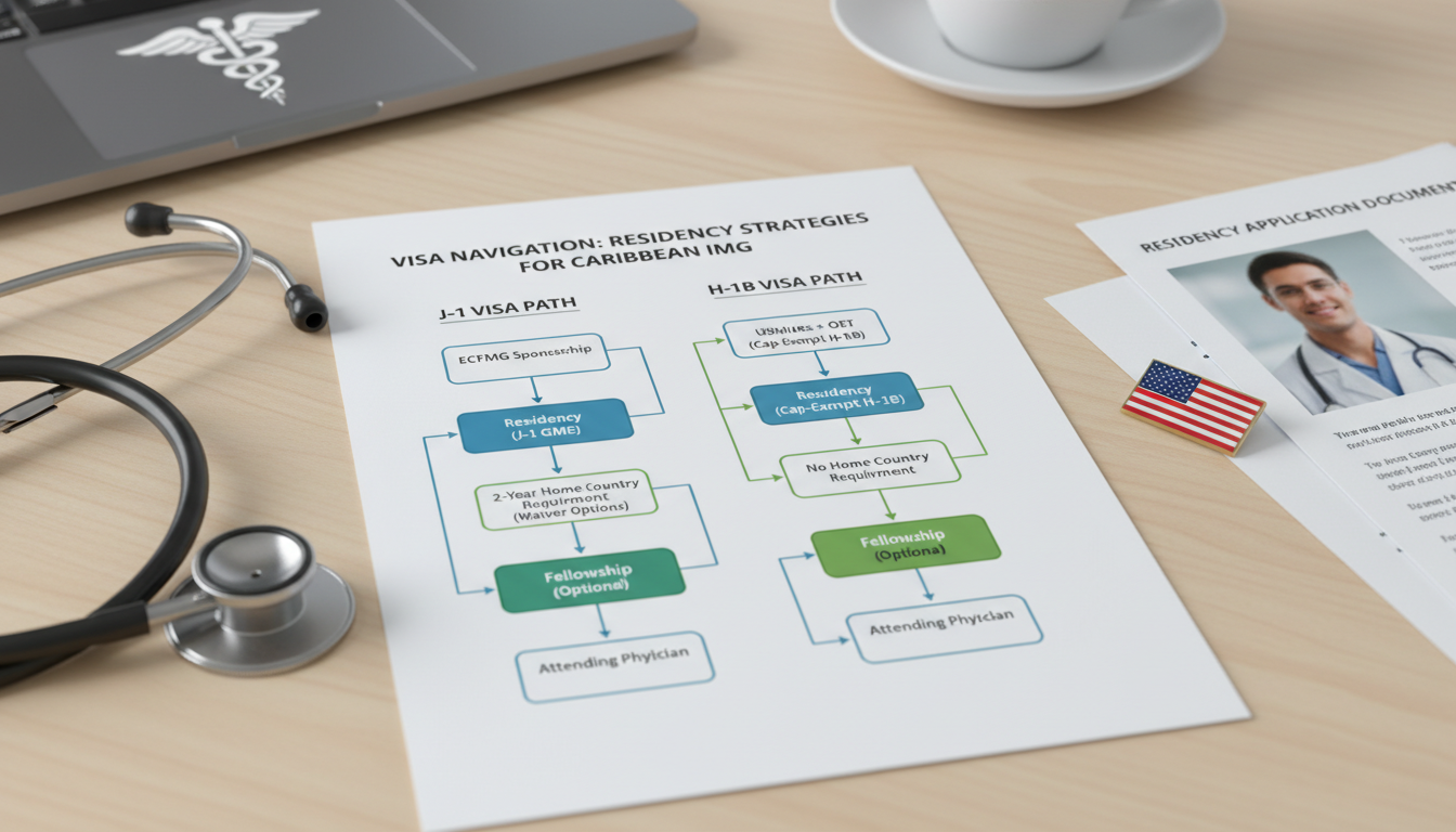Flowchart of J-1 vs H-1B visa decision-making for Caribbean IMGs Flowchart of J-1 vs H-1B visa decision-making for Caribbean IMGs - Caribbean medical school residency for Visa Navigation for