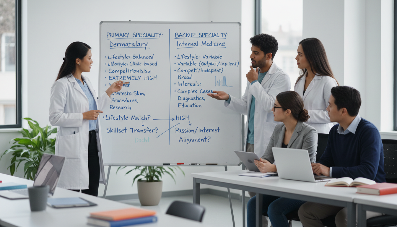 DO graduate comparing primary and backup specialties on a whiteboard DO graduate comparing primary and backup specialties on a whiteboard - DO graduate residency for Backup Specialty Planning St