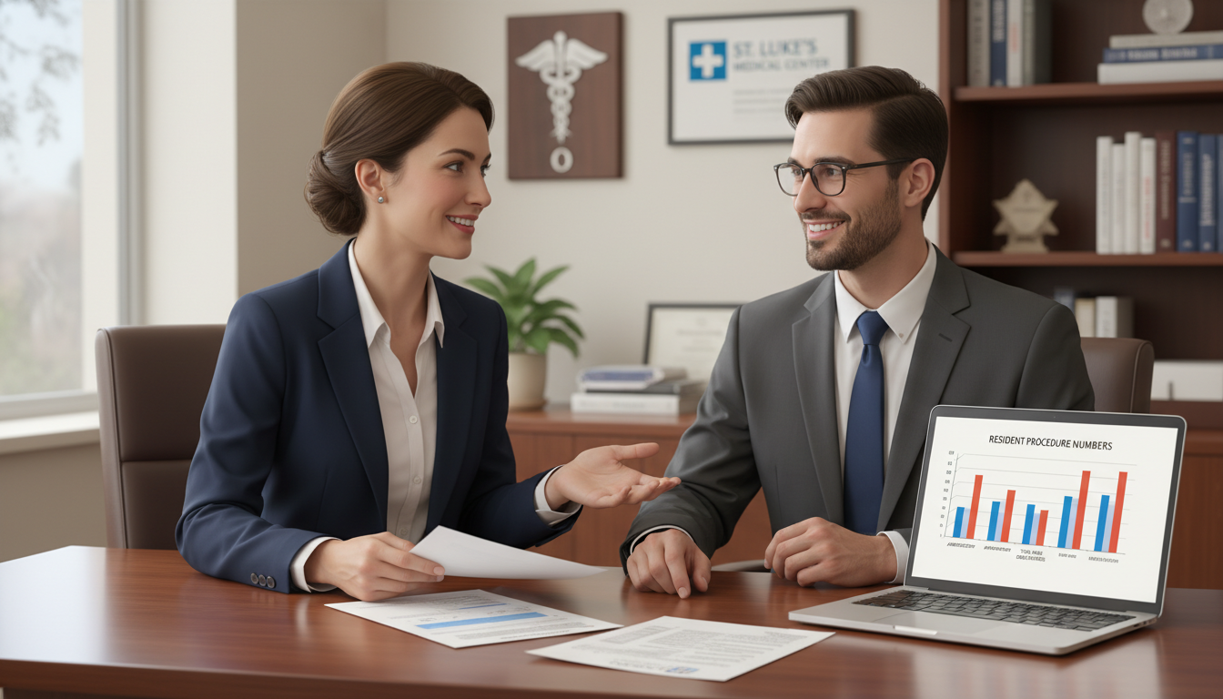 Osteopathic resident speaking with program director during residency interview Osteopathic resident speaking with program director during residency interview - DO graduate residency for Case Volume Evalua