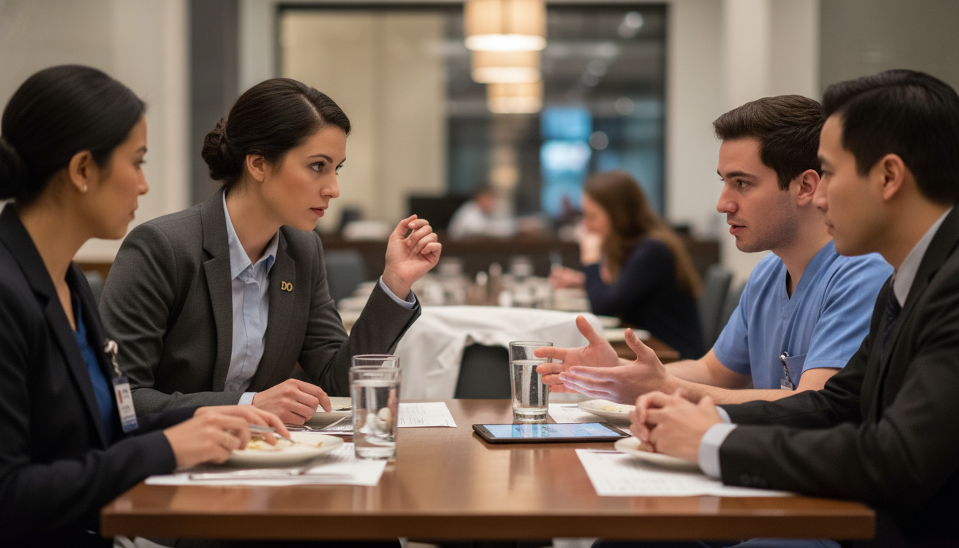 DO graduate asking residents thoughtful questions at a pre-interview dinner DO graduate asking residents thoughtful questions at a pre-interview dinner - DO graduate residency for Pre-Interview Dinner