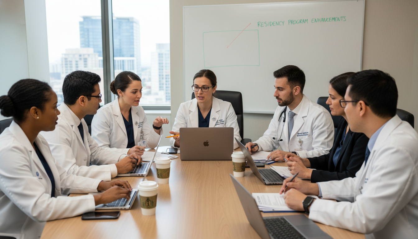 Resident physicians in a committee meeting discussing program improvements - DO graduate residency for Leadership Positions i