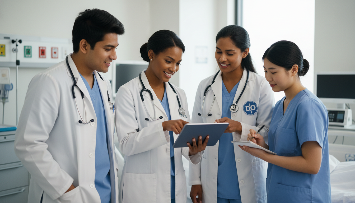 Chief resident mentoring interns on a hospital ward - DO graduate residency for Leadership Positions in Residency Strategies