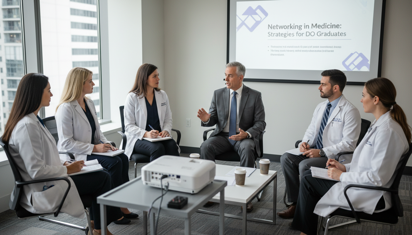 Young DO physicians networking at medical conference breakout session Young DO physicians networking at medical conference breakout session - DO graduate residency for Networking in Medicine Stra