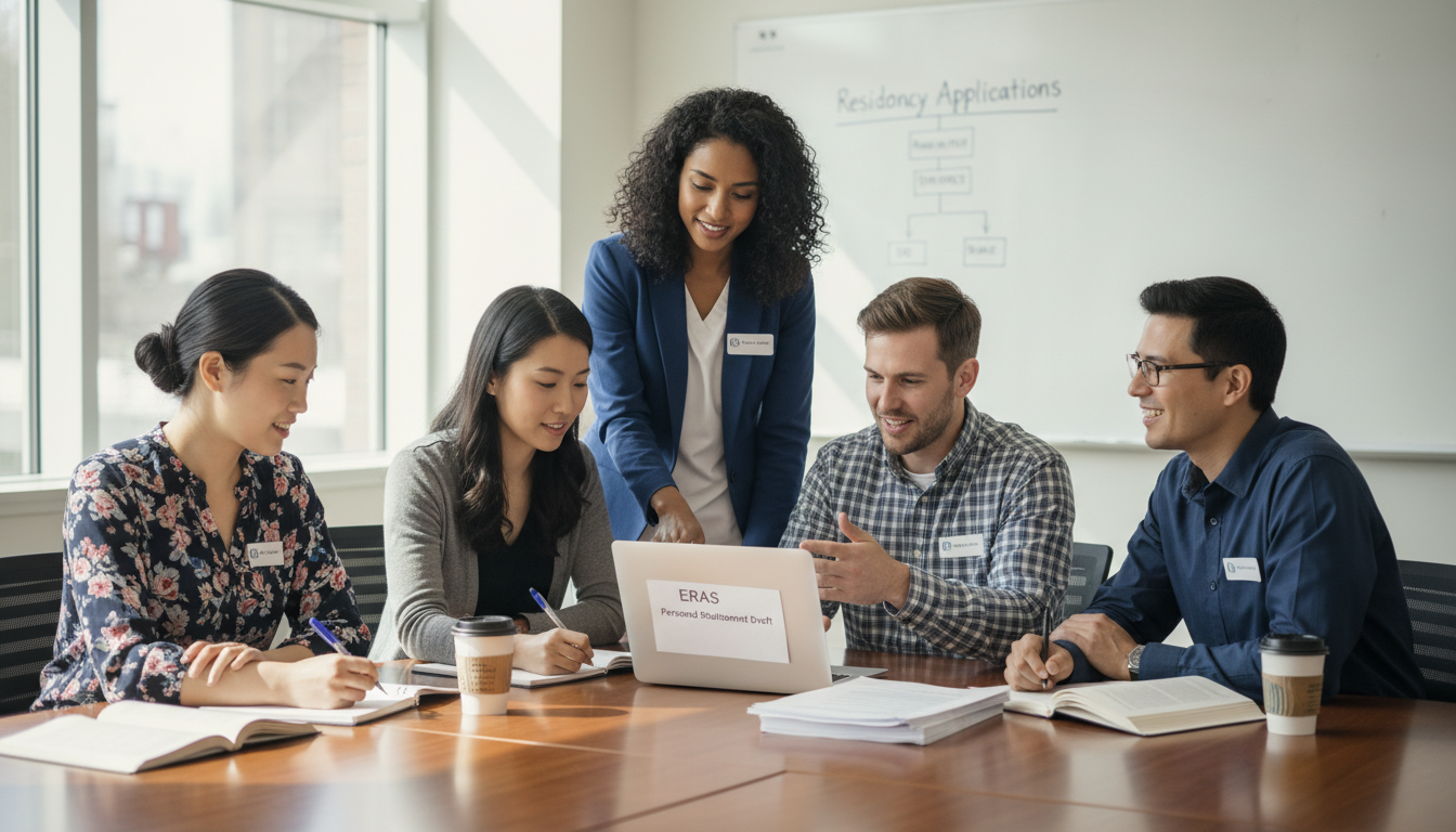 Medical students reviewing residency application materials together - DO graduate residency for Personal Statement Writing St