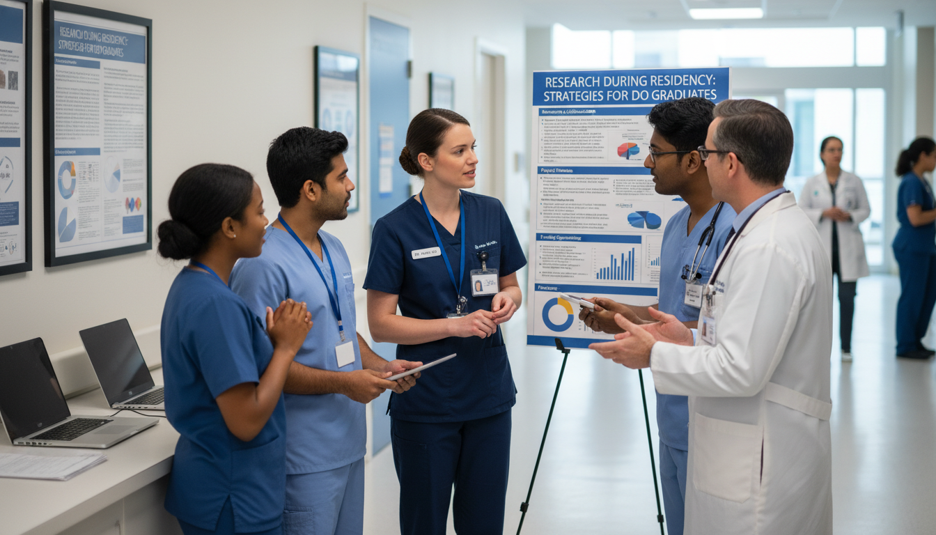 Resident physicians in a teaching hospital discussing a research poster - DO graduate residency for Research During Residency