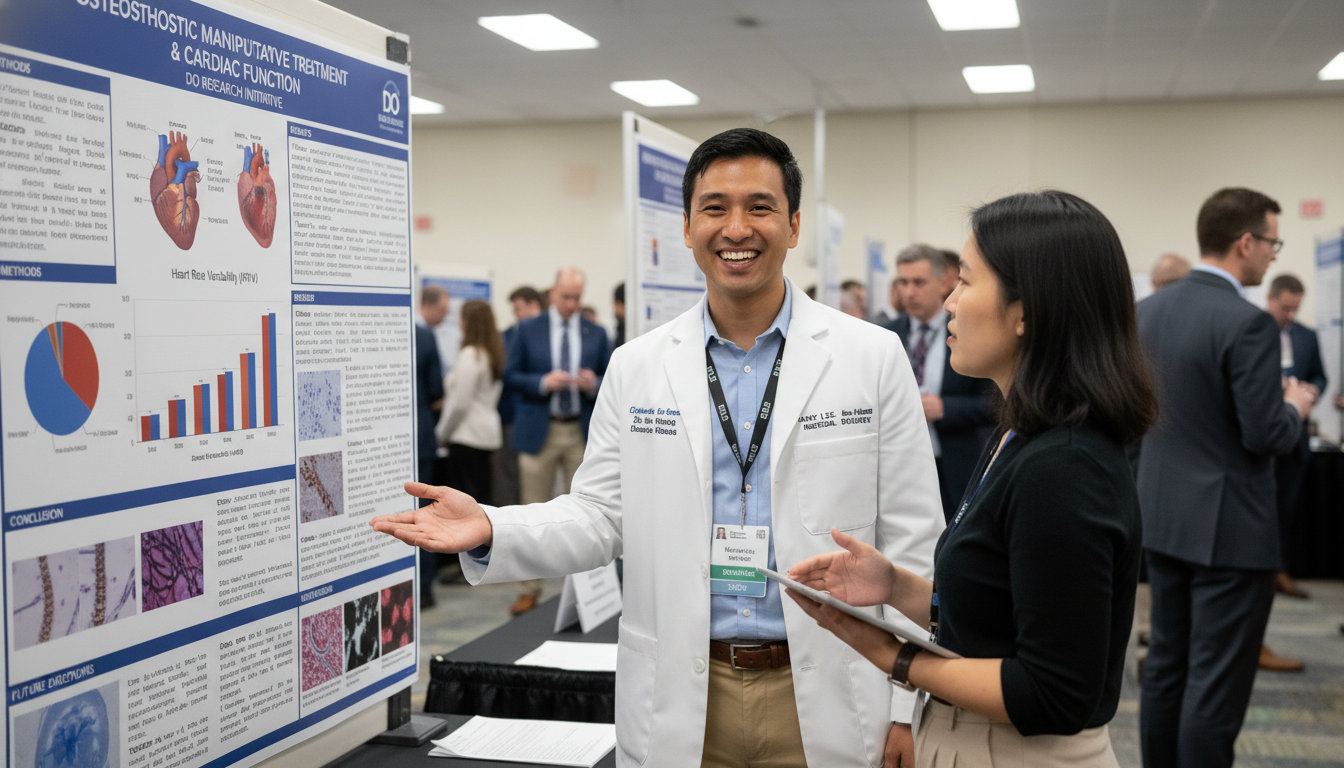 Osteopathic student presenting a research poster at a medical conference Osteopathic student presenting a research poster at a medical conference - DO graduate residency for Research Profile Buildin