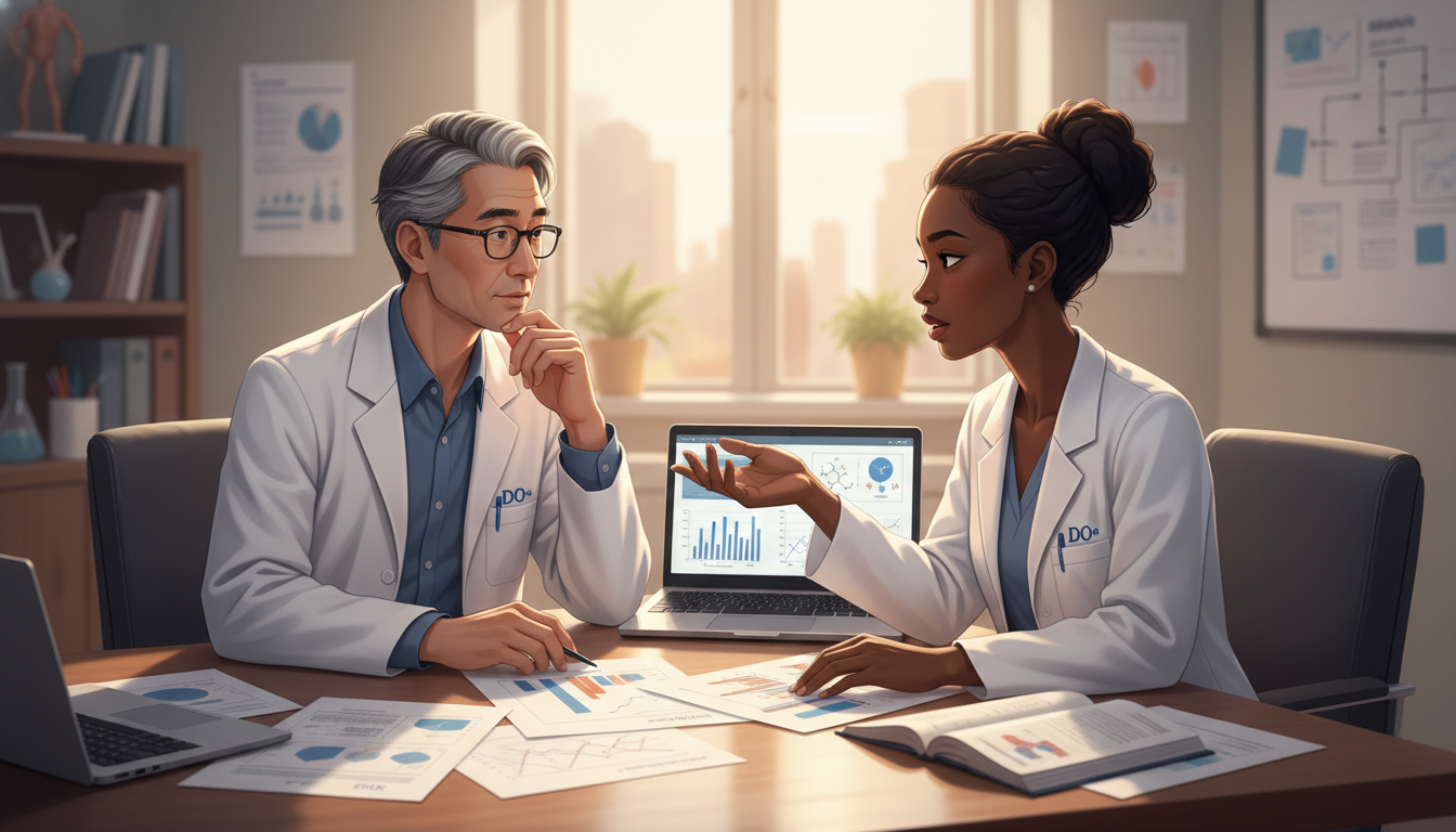 DO graduate meeting with research mentor in academic office DO graduate meeting with research mentor in academic office - DO graduate residency for Research Year Strategy Strategies for