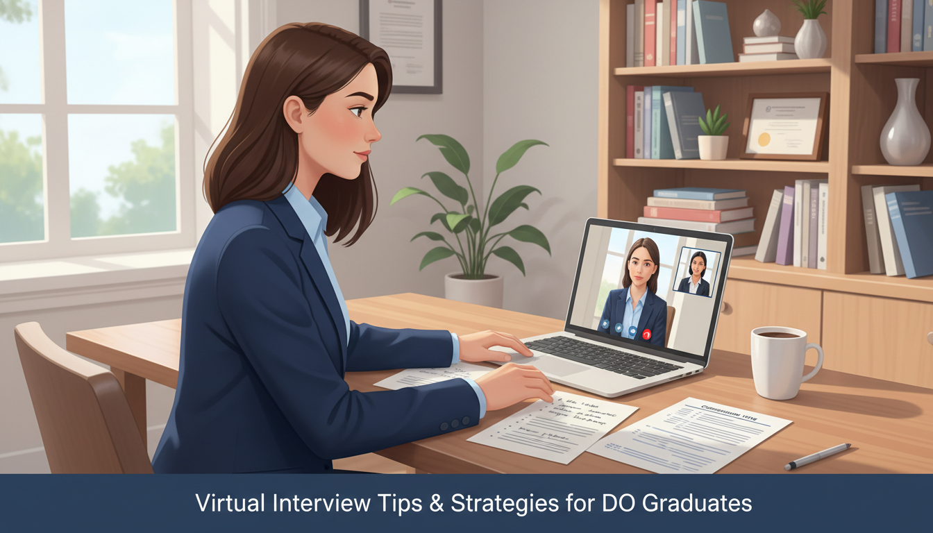 Medical student participating in a virtual mock residency interview Medical student participating in a virtual mock residency interview - DO graduate residency for Virtual Interview Tips Strate
