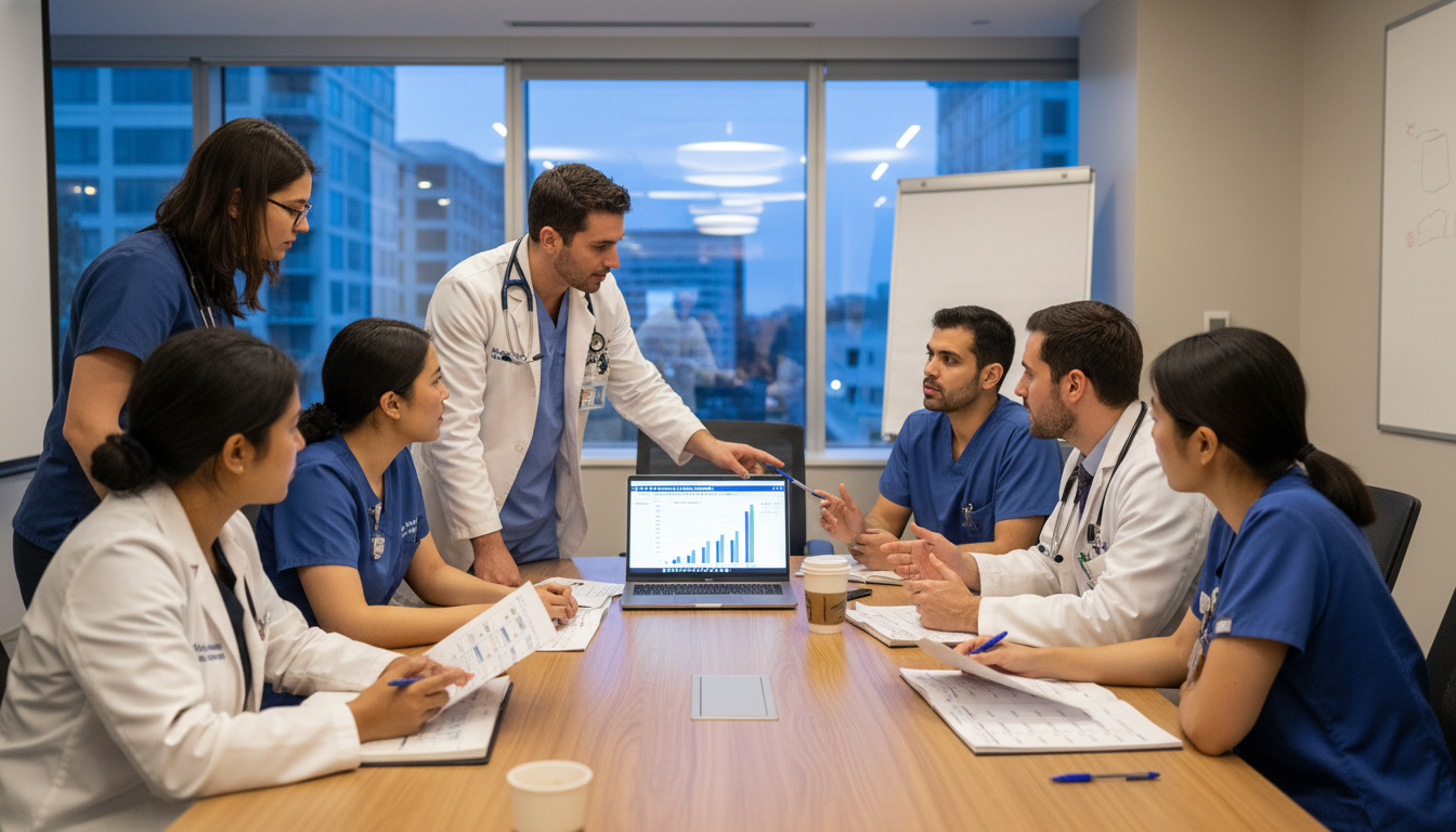 Residents discussing call schedules in conference room Residents discussing call schedules in conference room - DO graduate residency for Work-Life Balance Assessment Strategies fo