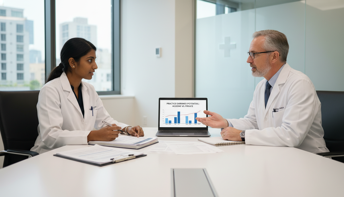 International medical graduate discussing career options with mentor International medical graduate discussing career options with mentor - IMG residency guide for Academic vs Private Practice S