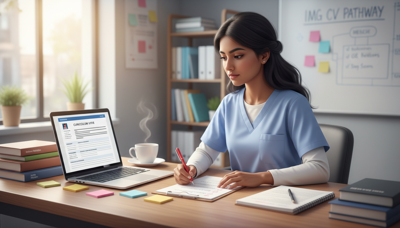 International medical graduate updating residency CV on laptop with checklist International medical graduate updating residency CV on laptop with checklist - IMG residency guide for CV Building Strategie
