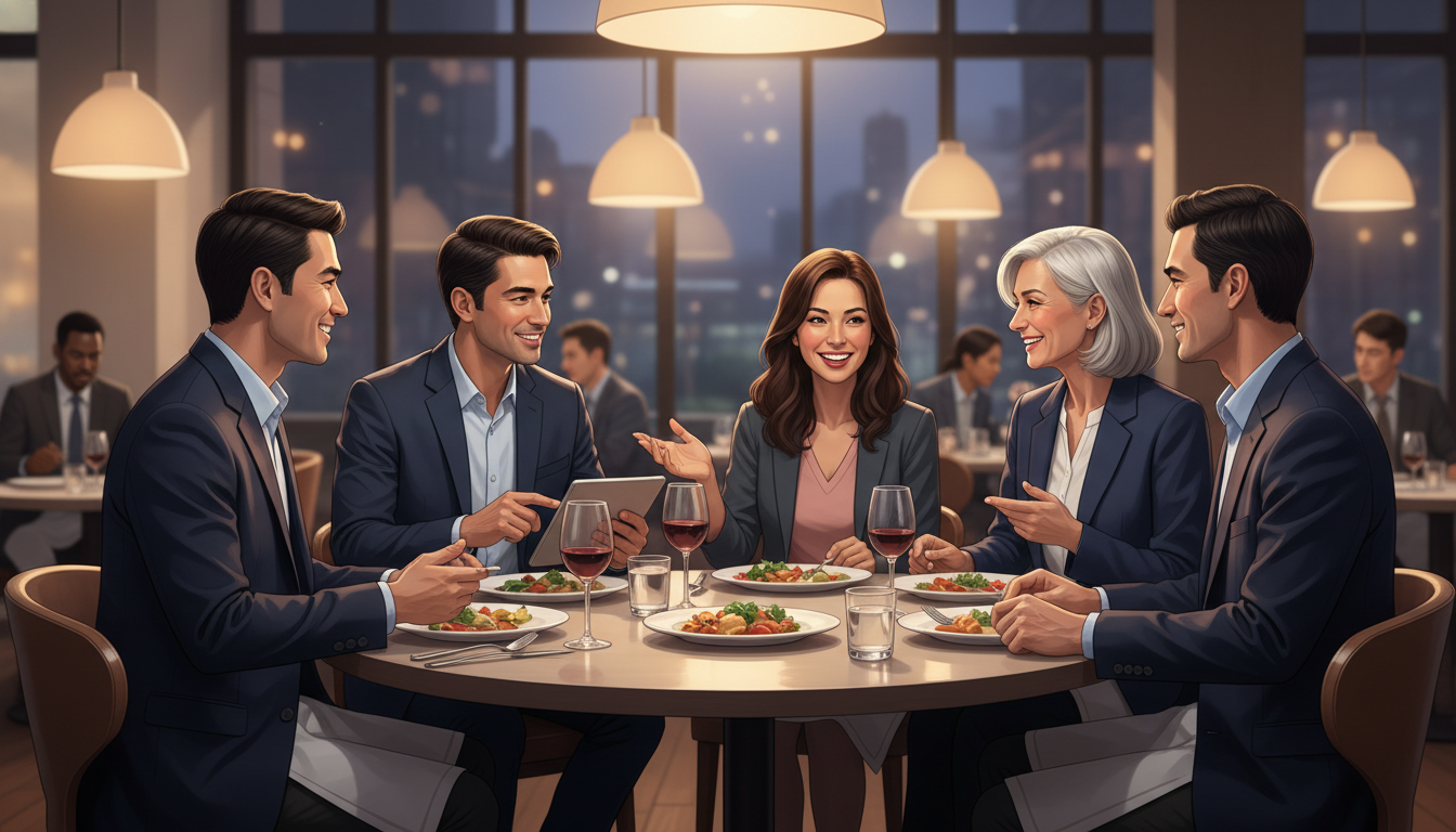 Residents and IMG applicants talking at a residency pre-interview dinner Residents and IMG applicants talking at a residency pre-interview dinner - IMG residency guide for Pre-Interview Dinner Etiqu