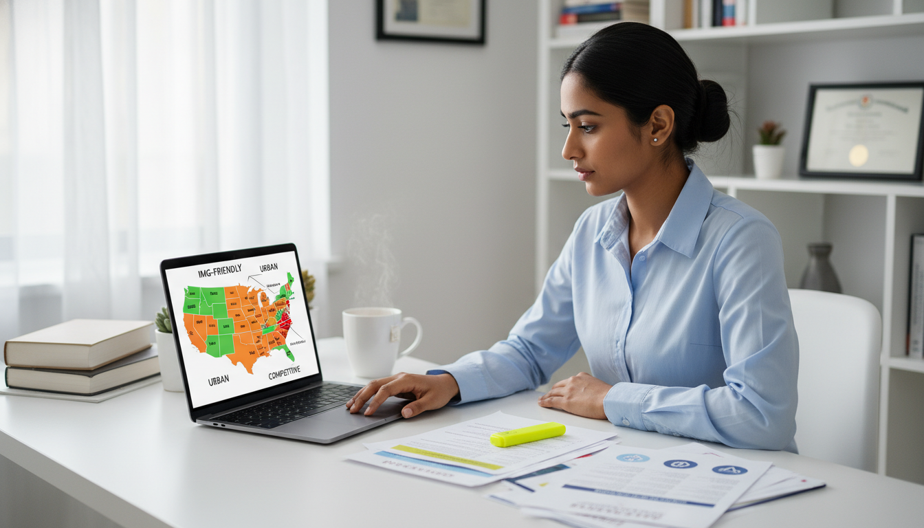 Residency applicant evaluating IMG-friendly regions on a laptop Residency applicant evaluating IMG-friendly regions on a laptop - IMG residency guide for Geographic Flexibility Strategies f