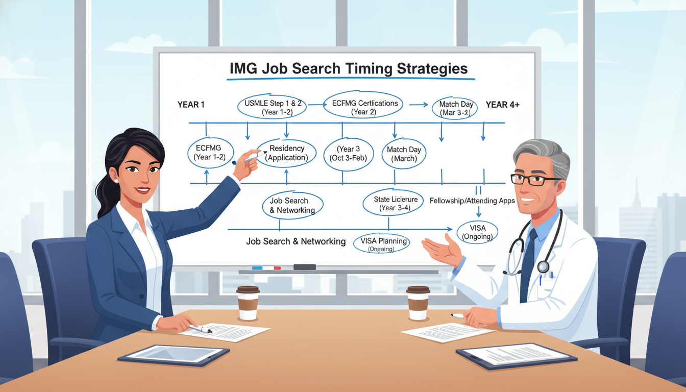 Timeline of IMG physician job search planning from residency to attending Timeline of IMG physician job search planning from residency to attending - IMG residency guide for Job Search Timing Strateg