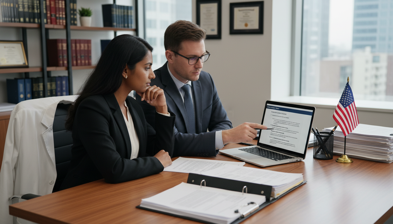 Physician discussing IMG visa and job options with legal advisor Physician discussing IMG visa and job options with legal advisor - IMG residency guide for Job Search Timing Strategies for I