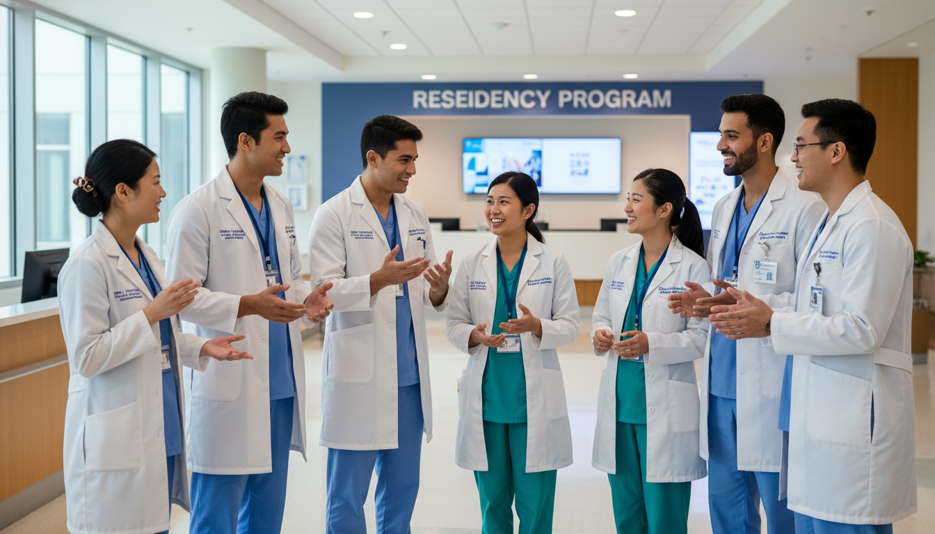 Group of diverse residents including IMGs in hospital corridor - IMG residency guide for Questions to Ask Programs Strategies