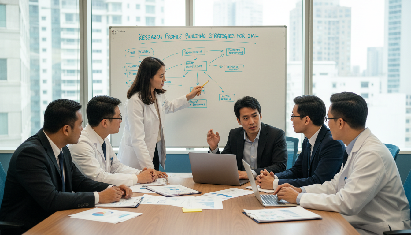 Diverse medical research team brainstorming in a conference room Diverse medical research team brainstorming in a conference room - IMG residency guide for Research Profile Building Strategi