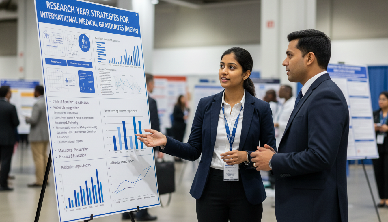 International medical graduate presenting research at a conference International medical graduate presenting research at a conference - IMG residency guide for Research Year Strategy Strategie