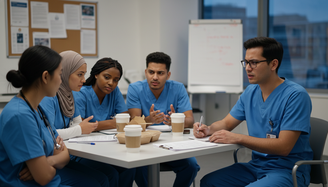 International medical graduate discussing residency program concerns with current residents International medical graduate discussing residency program concerns with current residents - IMG residency guide for Residen