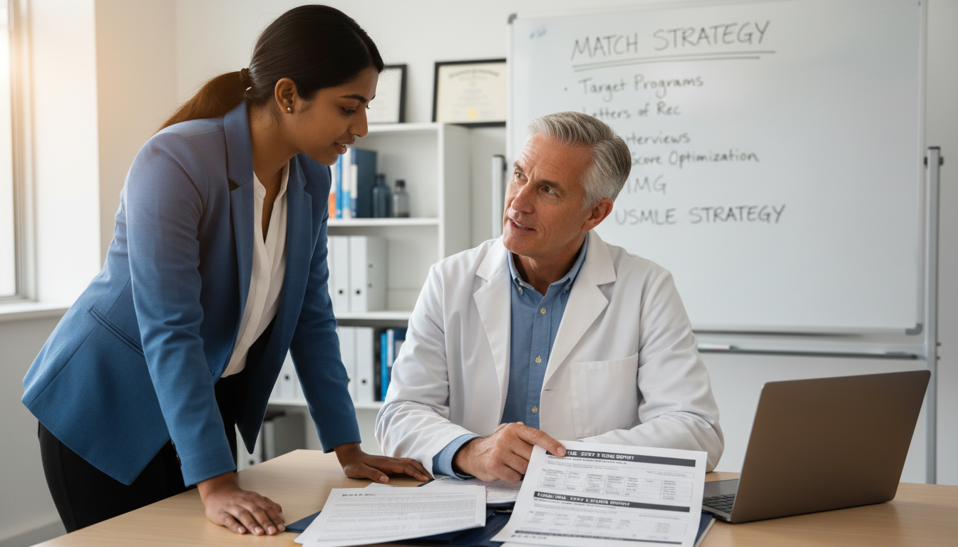IMG meeting with mentor to discuss residency match strategy with low USMLE scores - IMG residency guide for Step Score Strate