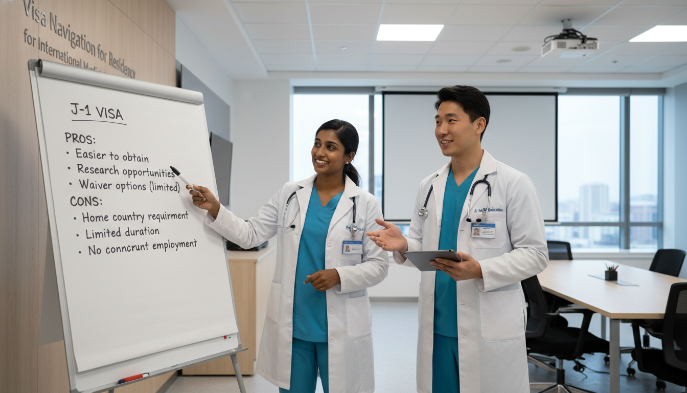 Comparison of J-1 versus H-1B residency visa options on a whiteboard Comparison of J-1 versus H-1B residency visa options on a whiteboard - IMG residency guide for Visa Navigation for Residency