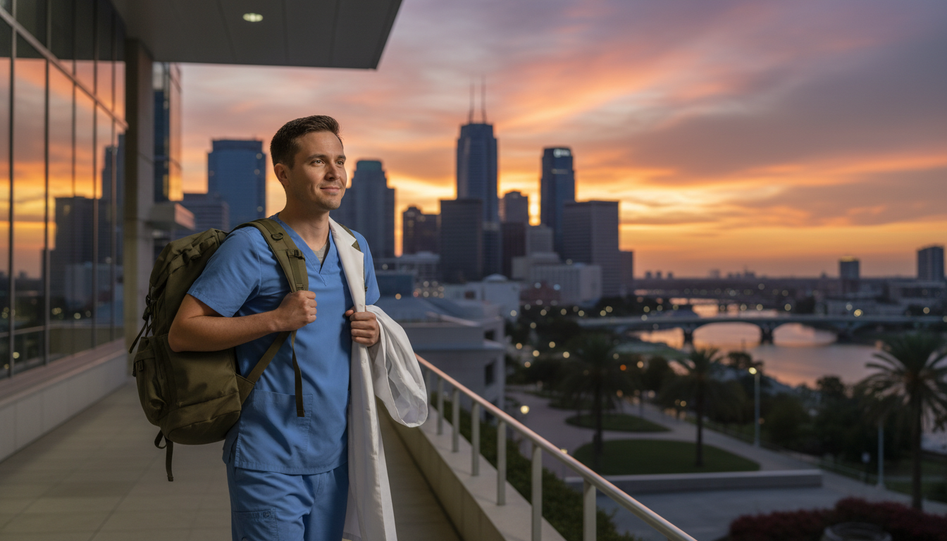 Resident physician leaving the hospital at sunset, symbolizing work-life balance Resident physician leaving the hospital at sunset, symbolizing work-life balance - IMG residency guide for Work-Life Balance