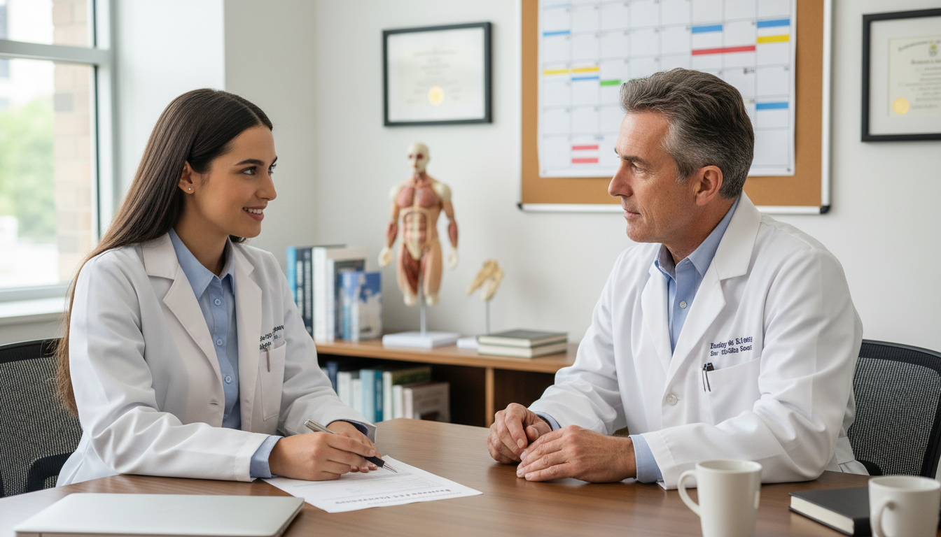 MD graduate discussing away rotation plans with faculty mentor MD graduate discussing away rotation plans with faculty mentor - MD graduate residency for Away Rotation Strategy Strategies