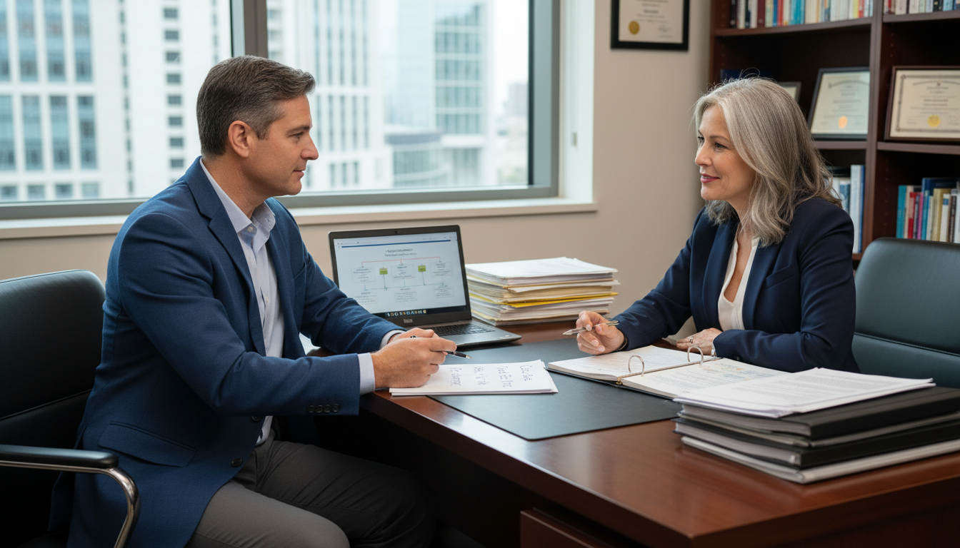 Future chief resident discussing leadership plans with program director Future chief resident discussing leadership plans with program director - MD graduate residency for Chief Resident Path Strat