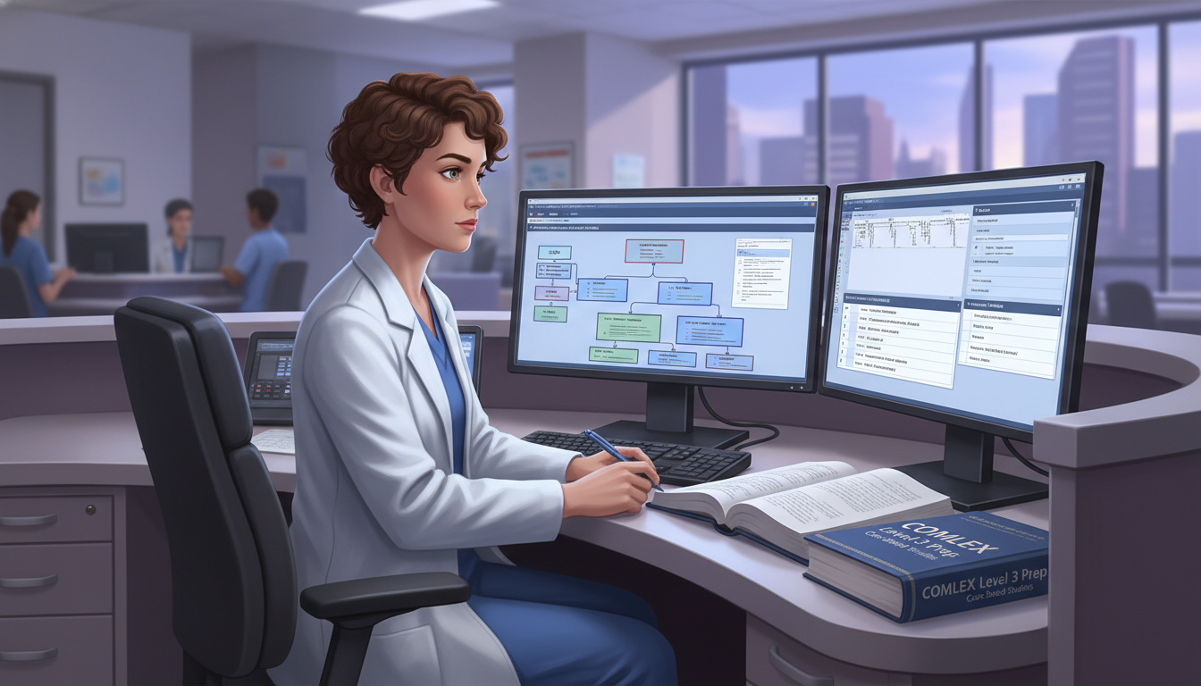 Resident physician reviewing COMLEX Level 3 clinical cases - MD graduate residency for COMLEX Level 1-3 Preparation Strategie