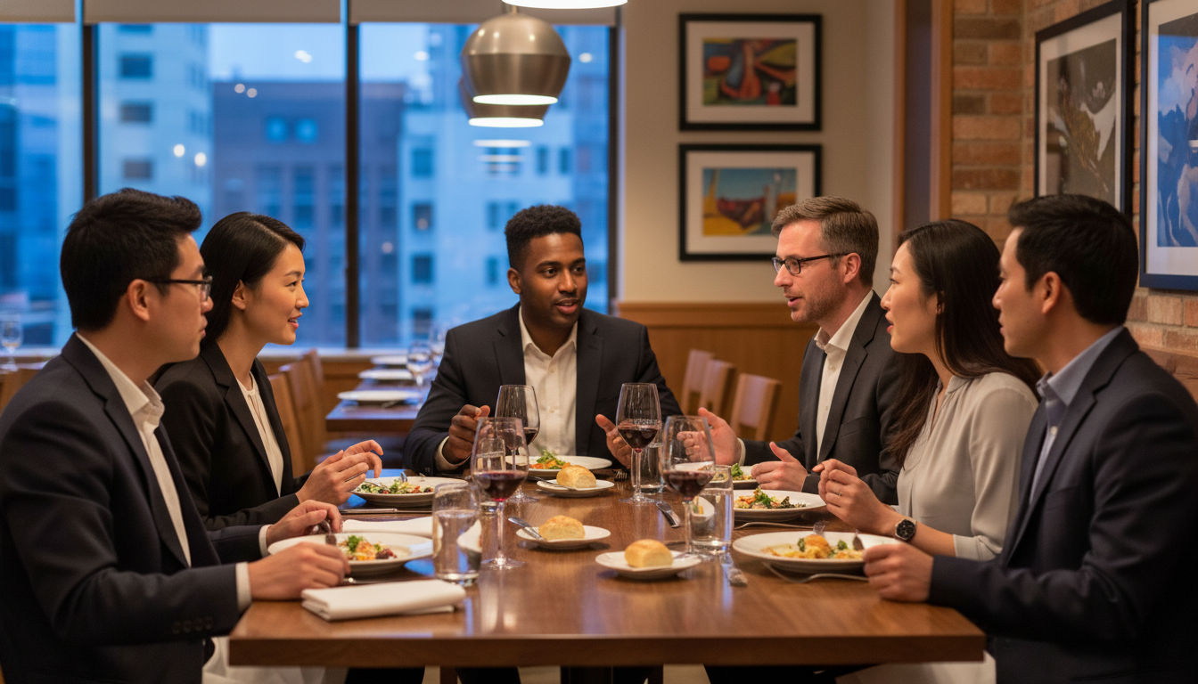 Residents and MD applicants talking around a dinner table Residents and MD applicants talking around a dinner table - MD graduate residency for Pre-Interview Dinner Etiquette Strategi