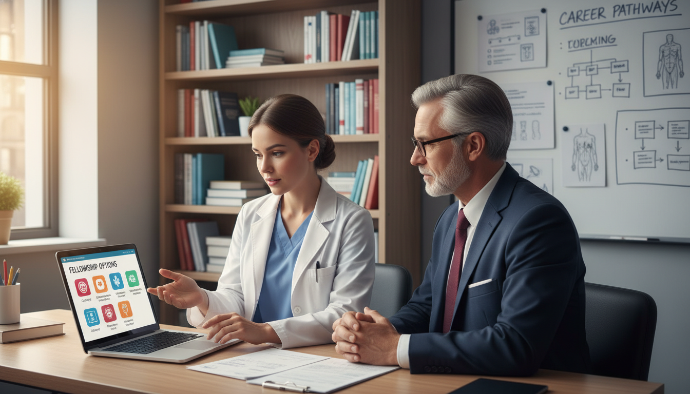 Resident discussing fellowship options with a mentor Resident discussing fellowship options with a mentor - MD graduate residency for Fellowship Preparation Strategies for MD Gra