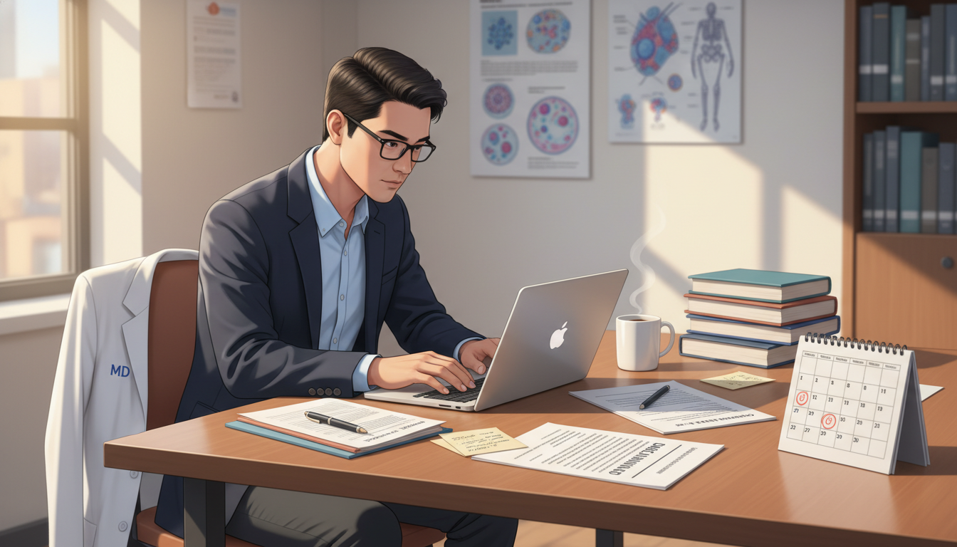 Resident preparing fellowship applications at laptop Resident preparing fellowship applications at laptop - MD graduate residency for Fellowship Preparation Strategies for MD Gra