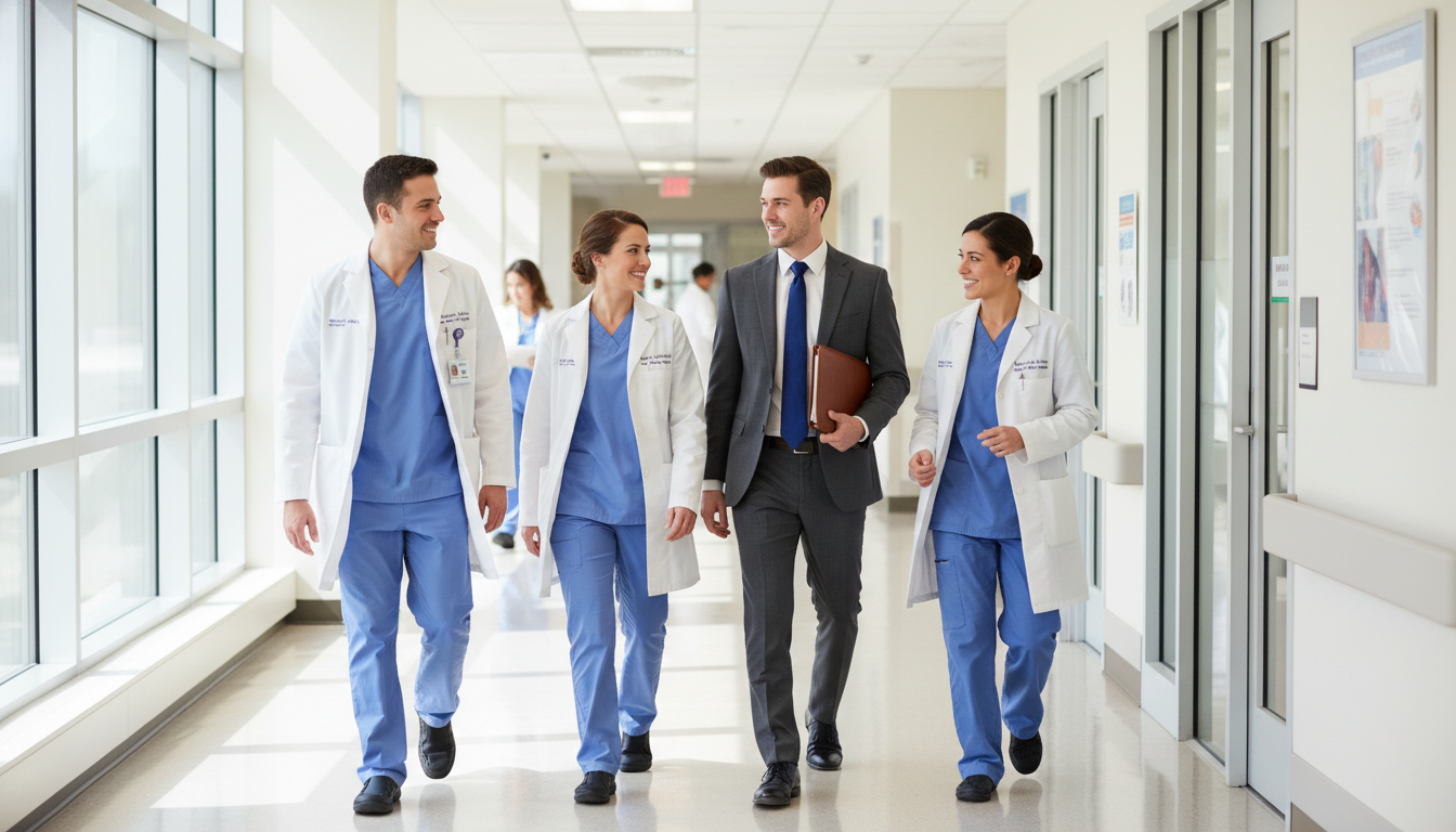 Group of residents giving a hospital tour to an MD graduate interviewee Group of residents giving a hospital tour to an MD graduate interviewee - MD graduate residency for In-Person Interview Strat