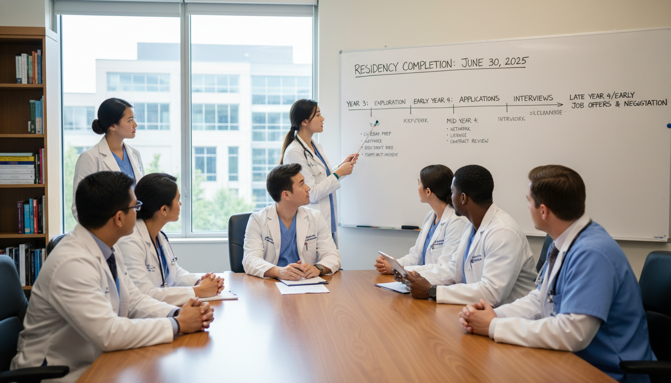 Diverse group of medical residents discussing career timelines on whiteboard Diverse group of medical residents discussing career timelines on whiteboard - MD graduate residency for Job Search Timing St