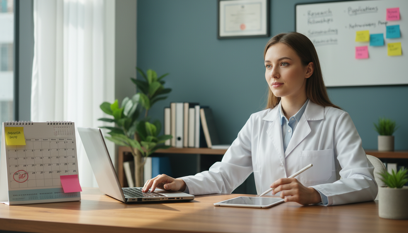 Young physician planning career goals with calendar and notes Young physician planning career goals with calendar and notes - MD graduate residency for Job Search Timing Strategies for MD