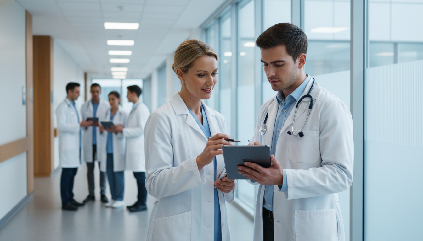 Resident and attending physician discussing a patient case on rounds Resident and attending physician discussing a patient case on rounds - MD graduate residency for Networking in Medicine Strat