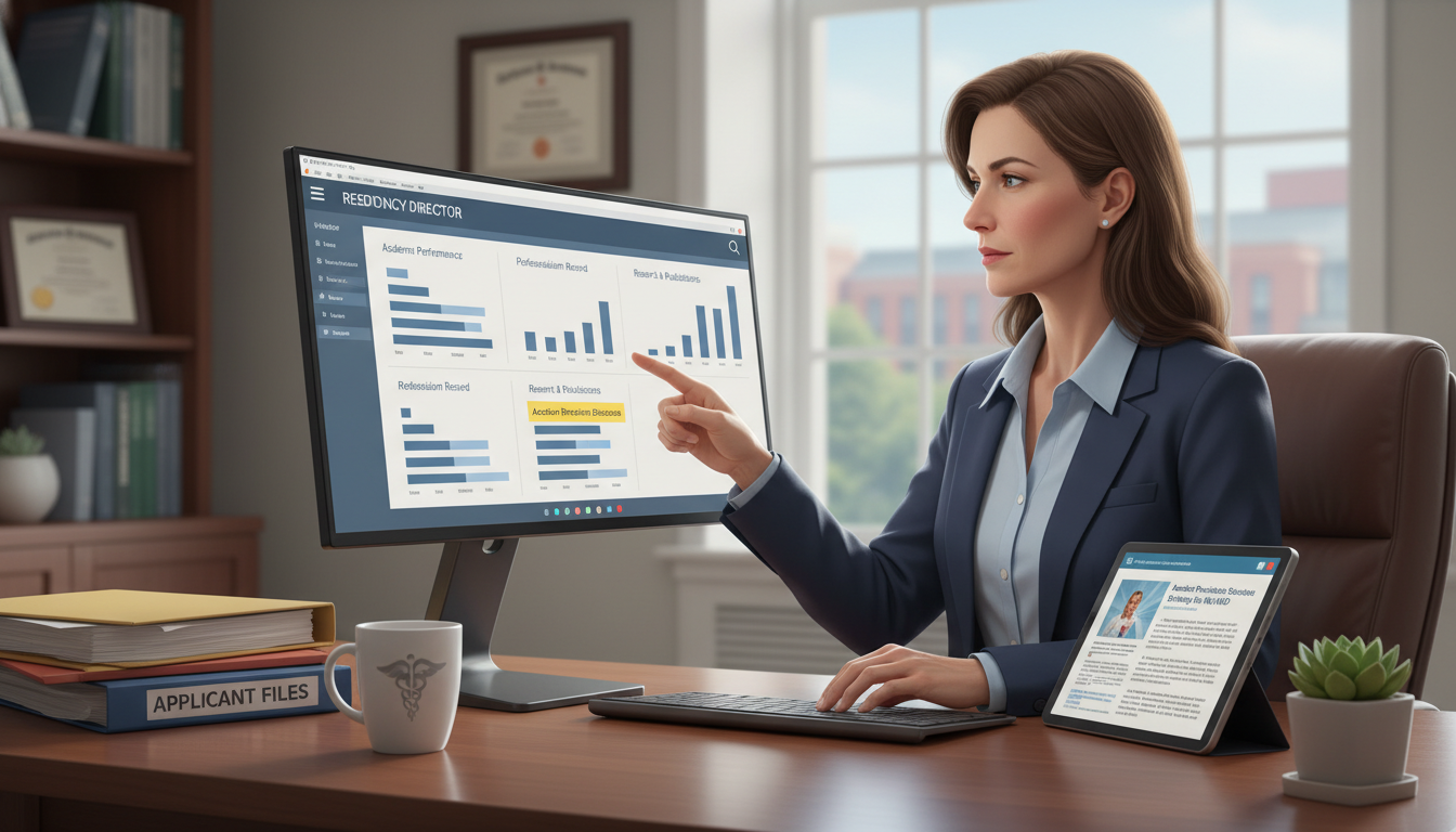 Program director reviewing residency applications with academic records on screen Program director reviewing residency applications with academic records on screen - MD graduate residency for Academic Probat