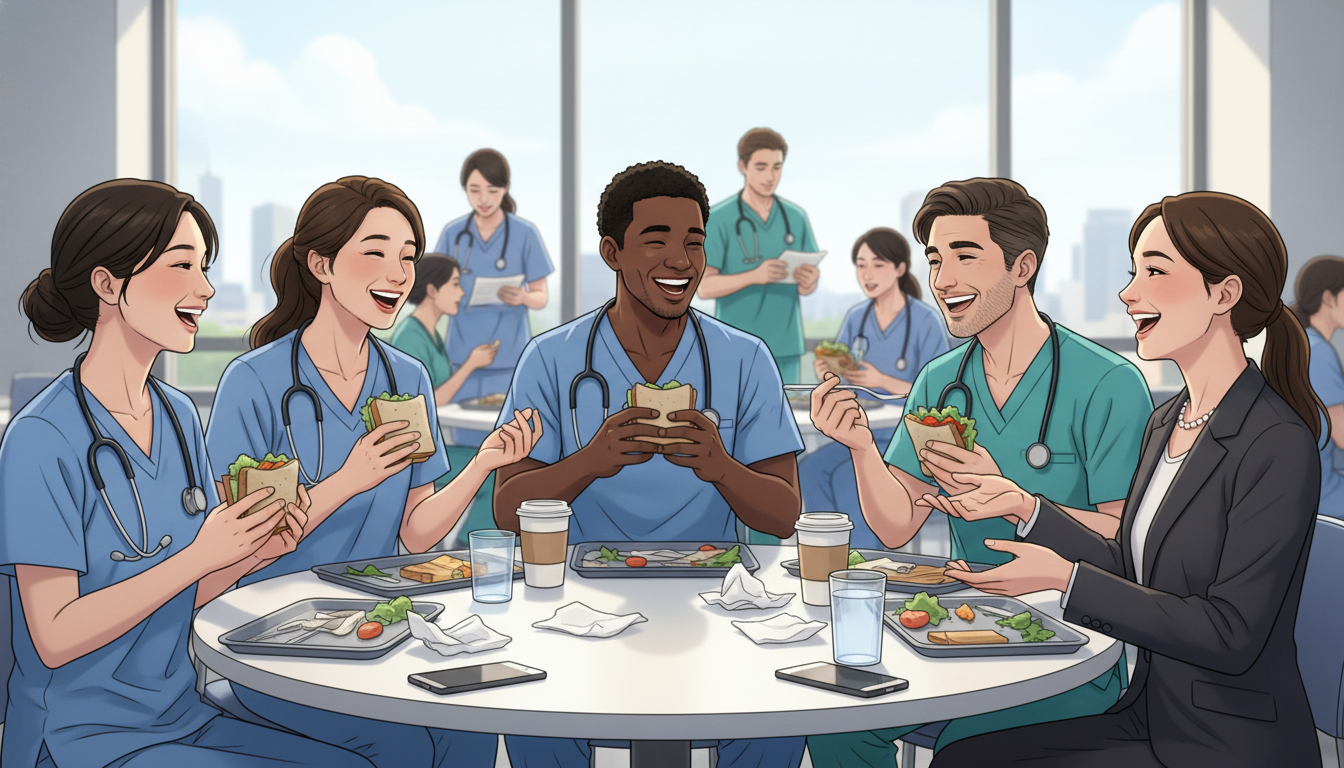 Residency applicant speaking with current residents during informal lunch - MD graduate residency for Questions to Ask Progra