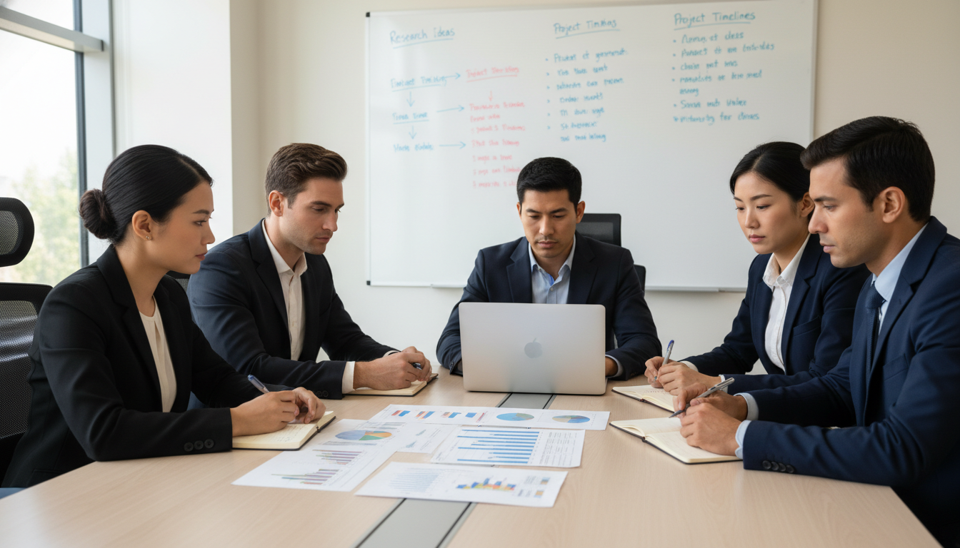 Residents collaborating on a research project in a hospital conference room - MD graduate residency for Research During Resid