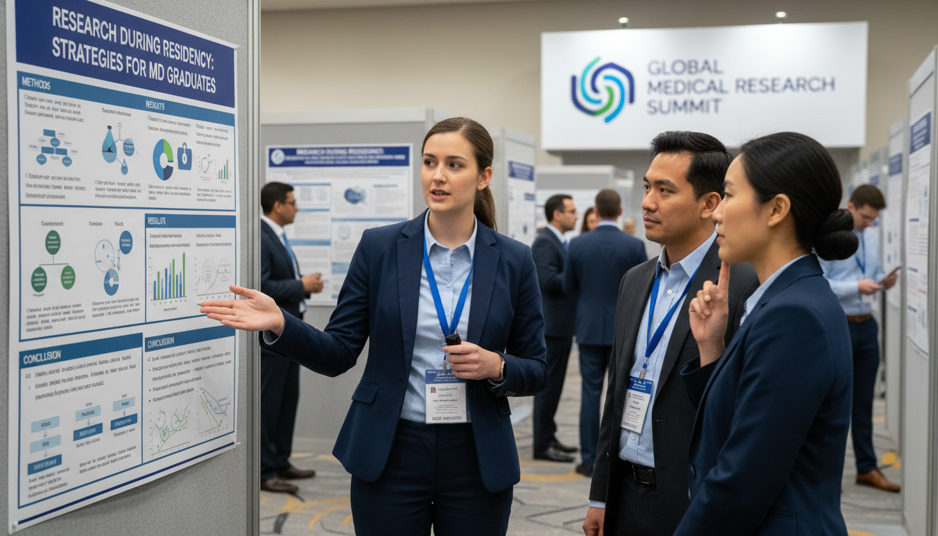 Resident presenting research poster at a medical conference - MD graduate residency for Research During Residency Strategies