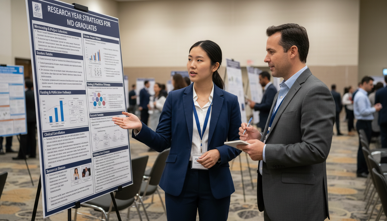 Medical graduate presenting a research poster at a national conference Medical graduate presenting a research poster at a national conference - MD graduate residency for Research Year Strategy Str