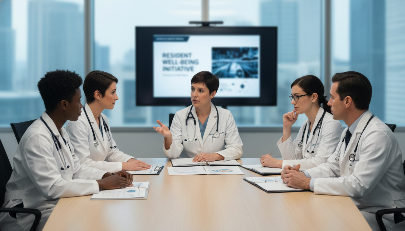 Medical residents in a conference room discussing program culture Medical residents in a conference room discussing program culture - MD graduate residency for Resident Turnover Warning Signs