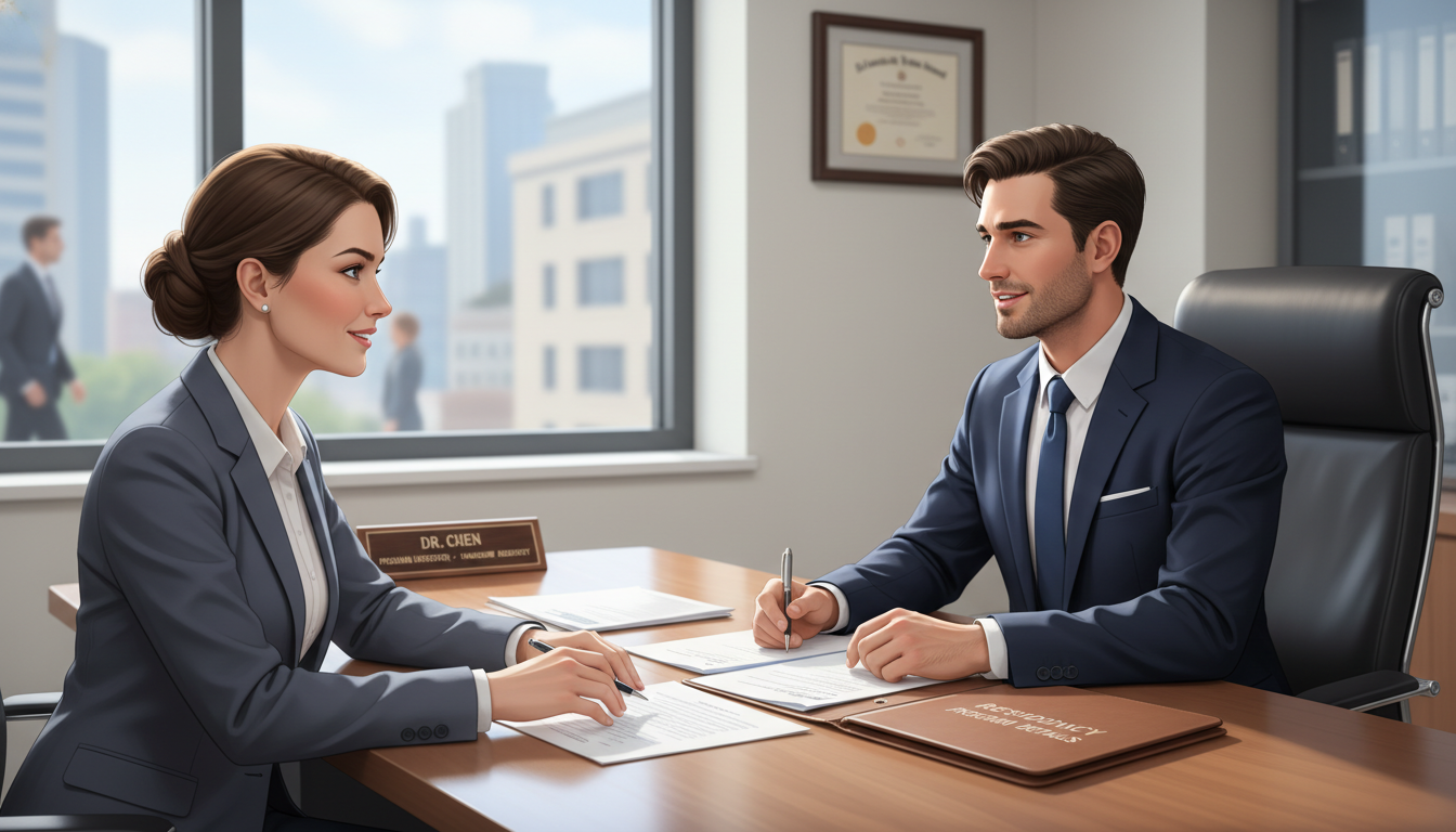 Residency interview meeting between medical graduate and program director Residency interview meeting between medical graduate and program director - MD graduate residency for Resident Turnover Warni