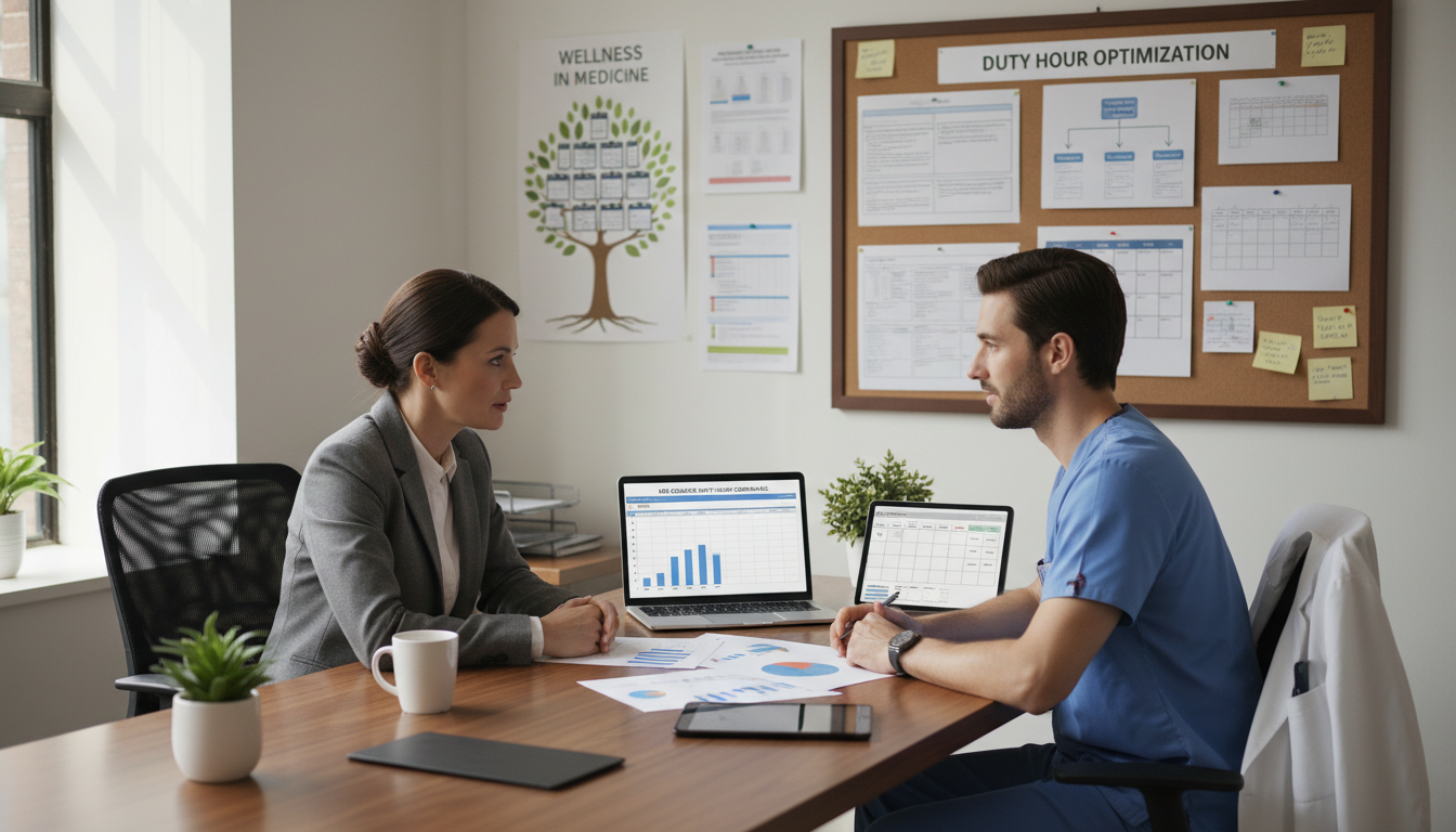 Residency program director and resident discussing wellness and schedules Residency program director and resident discussing wellness and schedules - MD graduate residency for Work-Life Balance Asses