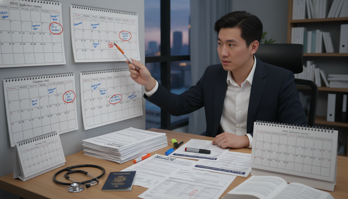 International medical graduate planning US residency application timeline with calendar and documents International medical graduate planning US residency application timeline with calendar and documents - non-US citizen IMG fo