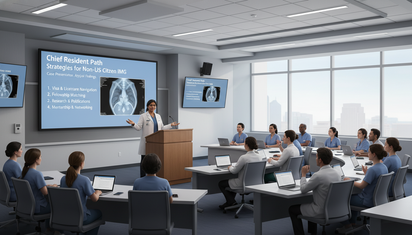 Chief resident leading a teaching conference Chief resident leading a teaching conference - non-US citizen IMG for Chief Resident Path Strategies for Non-US Citizen IMG
