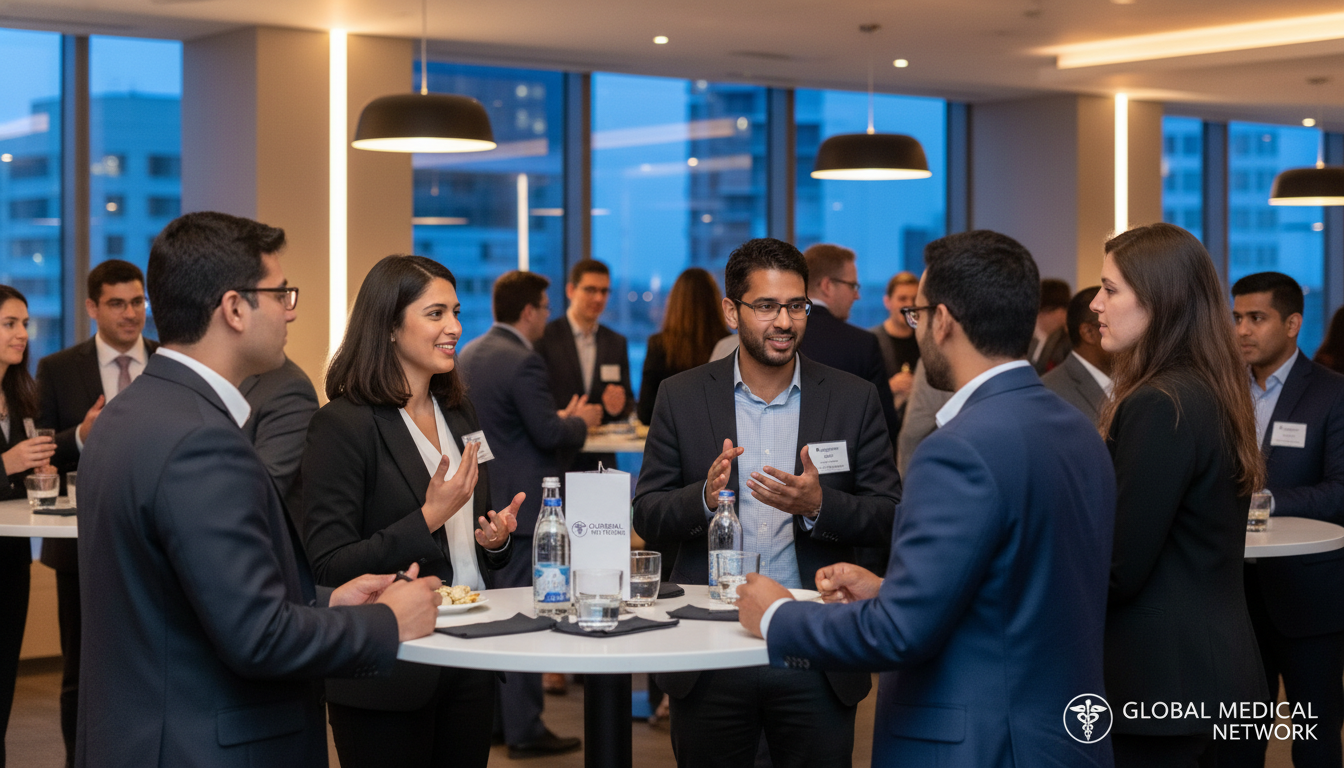 Diverse residency applicants networking at pre-interview dinner Diverse residency applicants networking at pre-interview dinner - non-US citizen IMG for Pre-Interview Dinner Etiquette Strat