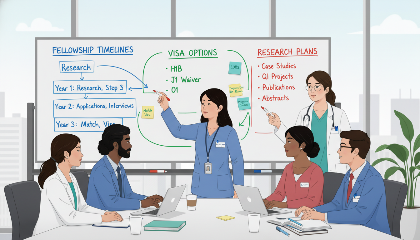 Resident planning fellowship timeline on a whiteboard Resident planning fellowship timeline on a whiteboard - non-US citizen IMG for Fellowship Preparation Strategies for Non-US C